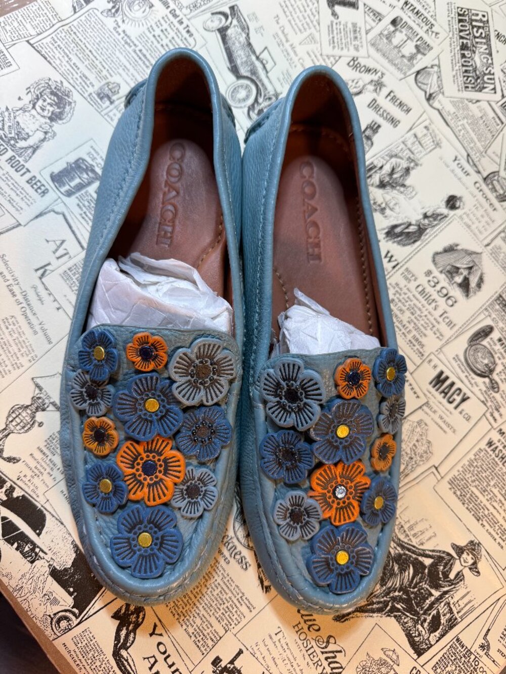 Tea Rose Alert!  Brand new blue moccasins from Coach!  Size 7.5